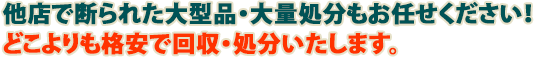 他店で断られた大型品・大量処分もおまかせください！ どこよりも格安で回収・処分いたします。